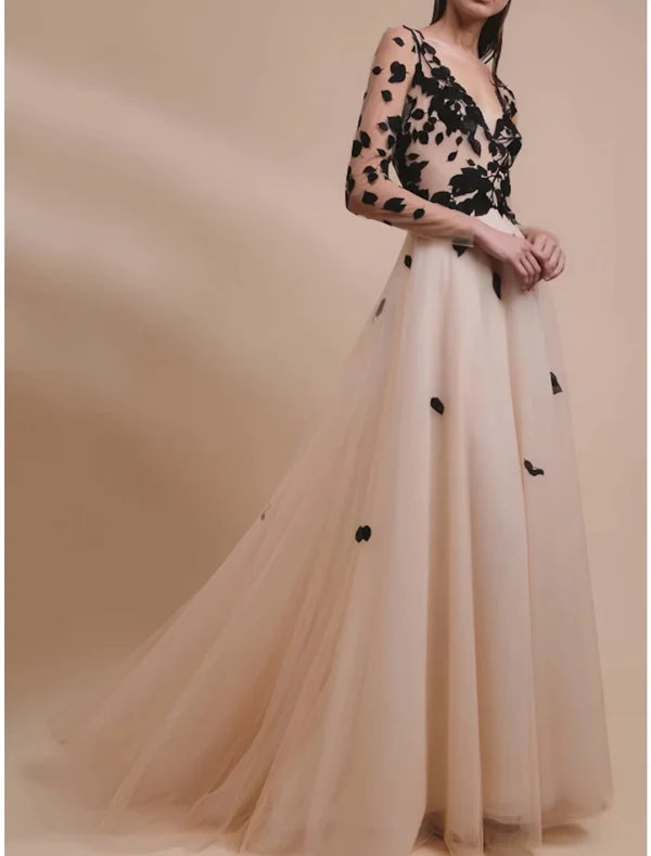 Luolandi A-Line Evening Gown Champagne Gold Elegant Dress Formal Wedding Guest Sweep / Brush Train Long Sleeve V Neck Tulle with Embroidery Prom Dress